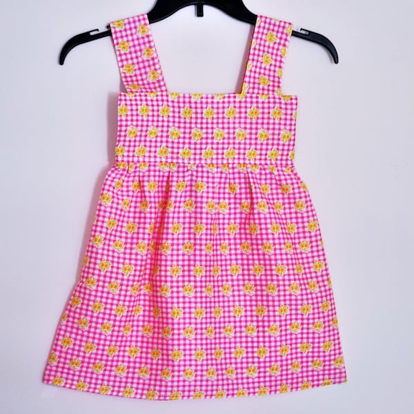 Girl Summer Dress, Handmade Ready to Ship Girl Size 3 (3 Years Old) Pink Plaid Yellow Flowers & Green Leaves Vintage Fabric Dress with Bow