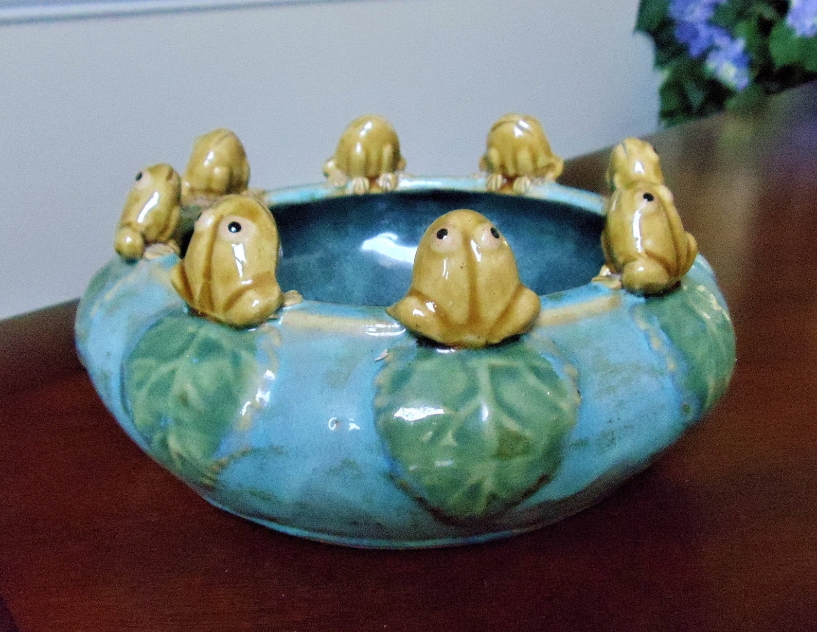 Frog Flat Vase Bowl Vintage Art Pottery Ceramic Turquoise Etsy
