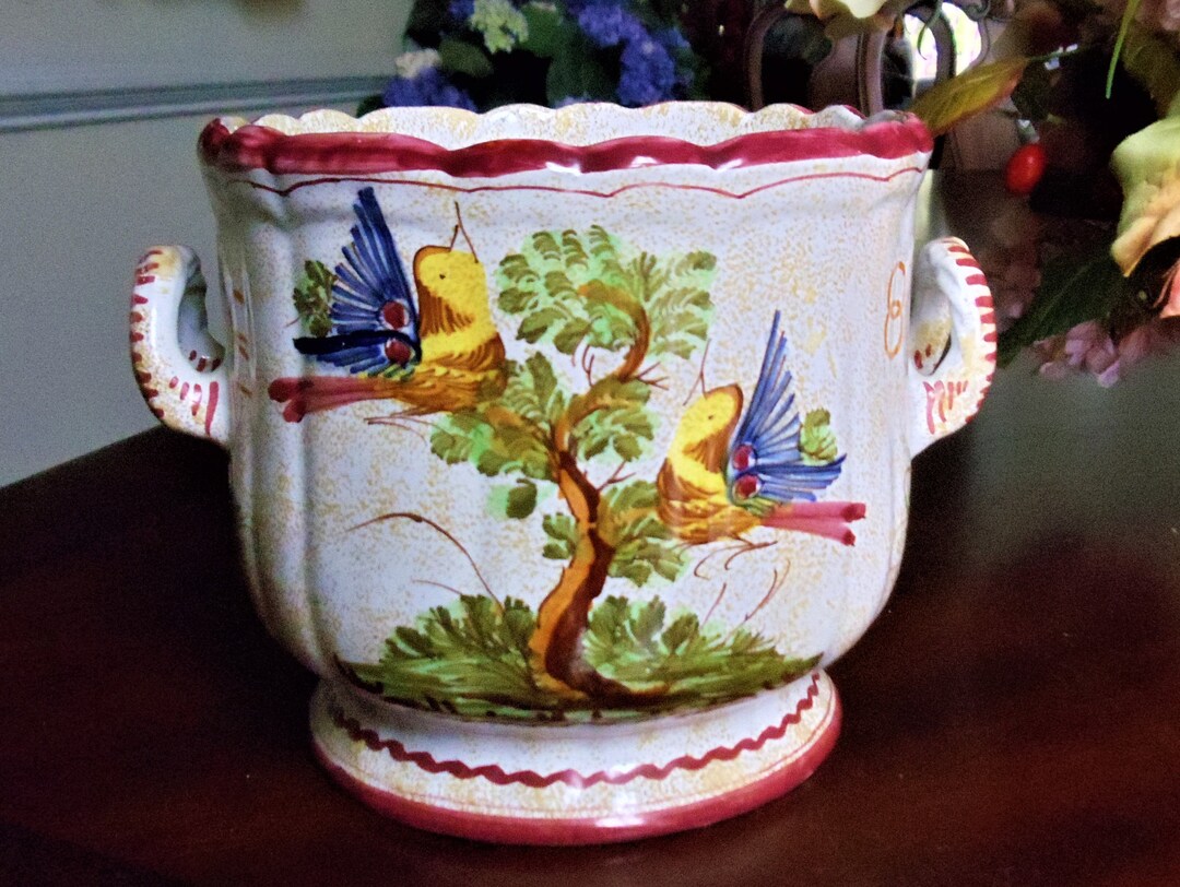 Decorative Bowl Vase With Handles Vintage Hand Painted Birds Etsy