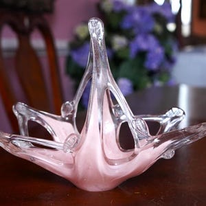 Murano Italy Vase, Vintage Collectible Murano Art Glass, Pink Abstract Candy Platter, Stretch Glass Modernist Basket Candy Dish Centerpiece