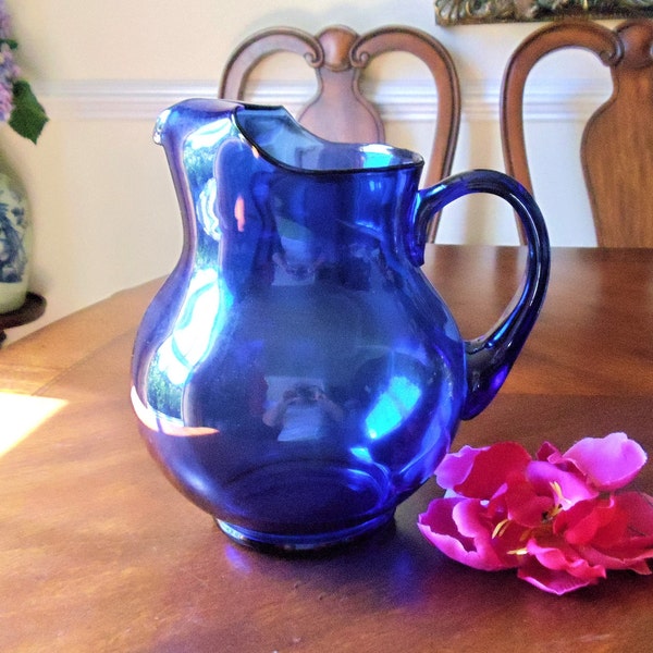 Vintage Cobalt Blue Large Pitcher, Persian Blue Clear Glass Pitcher, Rare & Cute Designed Vase-Shaped Cobalt Blue Pitcher-Ewer w/Fancy Spout