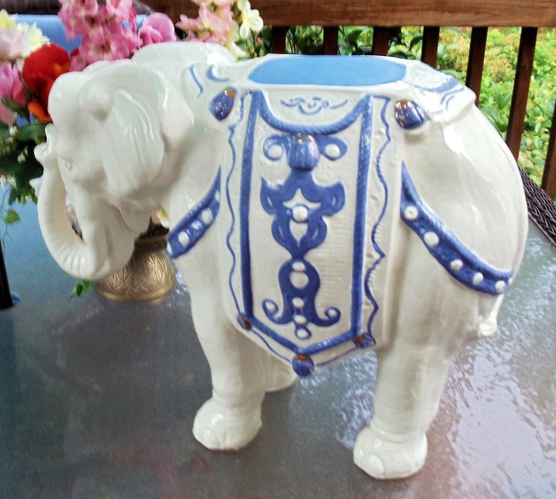 Large Ceramic Elephant Statue Vintage White & Blue Elephant Etsy