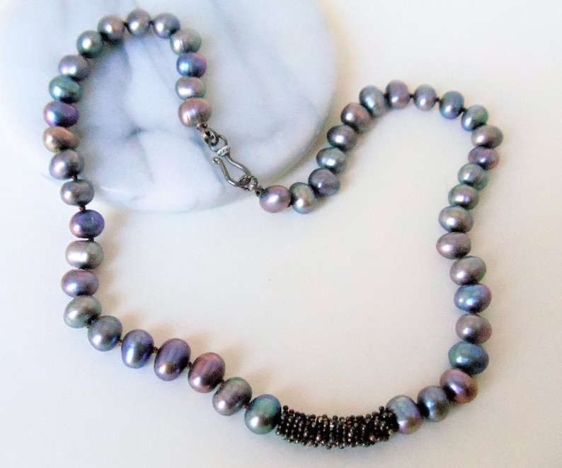 Vintage Hand Knotted Genuine Cultured Freshwater Pearls Beaded Necklace Shiny Rainbow Gray Baroque Pearls Necklace Genuine Pearls Necklace