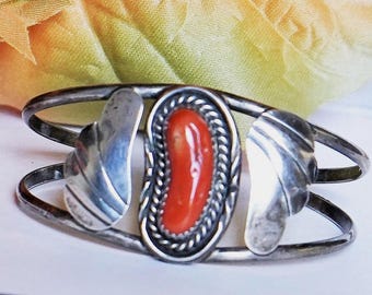 Vintage Navajo Red Coral Sterling Silver Cuff Bracelet, Southwestern Jewelry