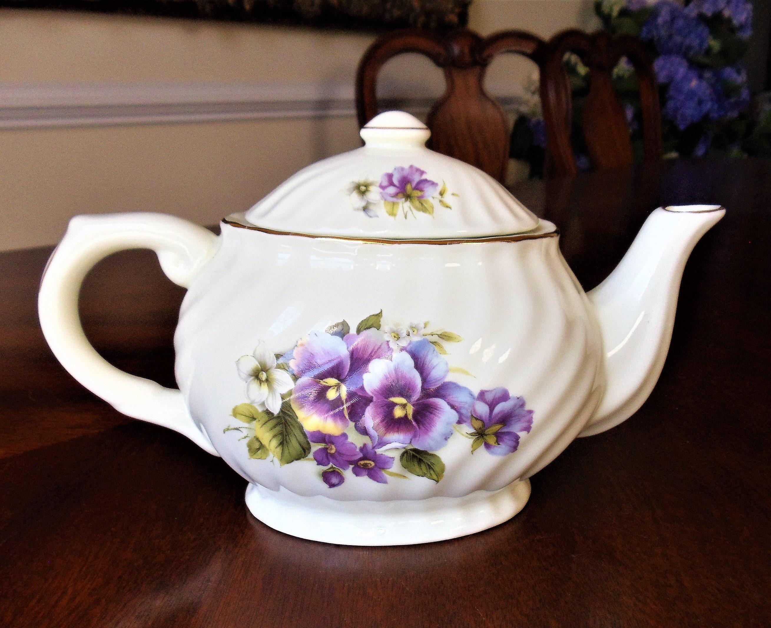 Vintage Pansy Flowers 2 Person Tea Set Purple Pansies Green Etsy