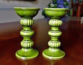 Vintage Green Ceramic Candlestick Set, Ribbed Design, Made in Japan