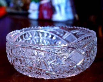 Vintage Cut Crystal Bowl Vase: Heavy Cut Glass Scalloped Sawtooth Edge, Barrel Shaped