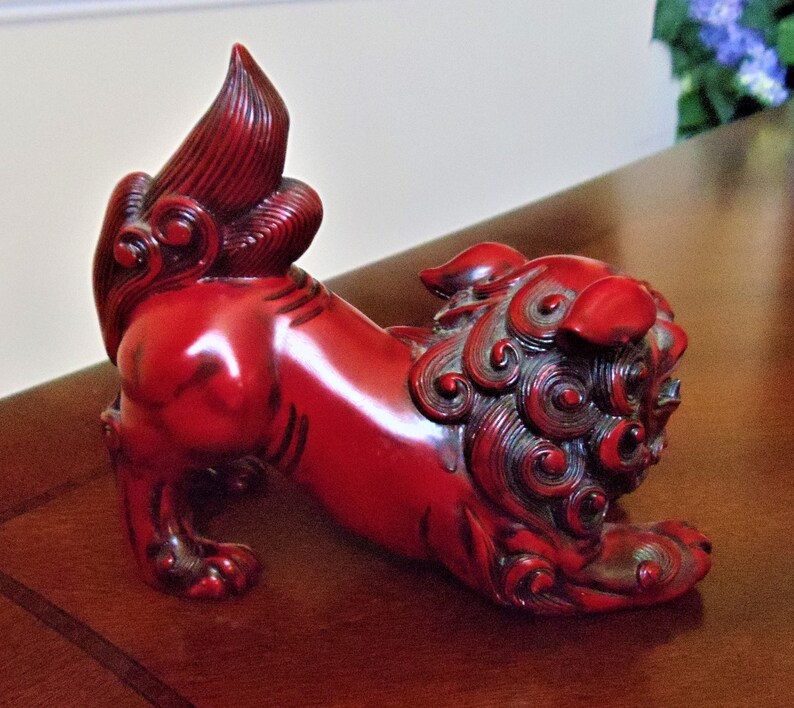 Vintage Foo Dog Chinese Figurine Maroon Red Cinnabar Resin | Etsy