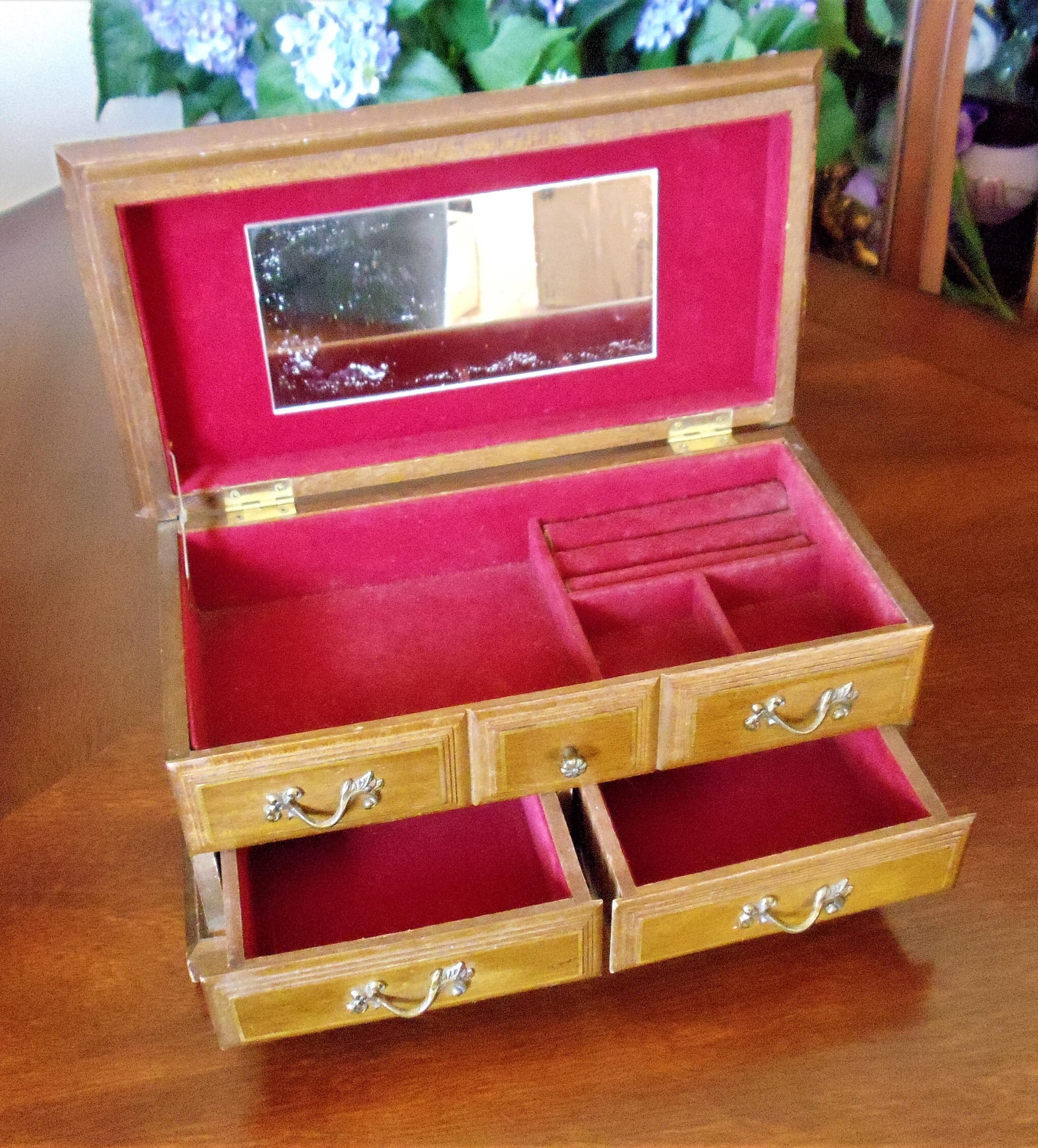 Vintage Toyo Japan Musical Jewelry Box Oak Wood Red Velvet Etsy