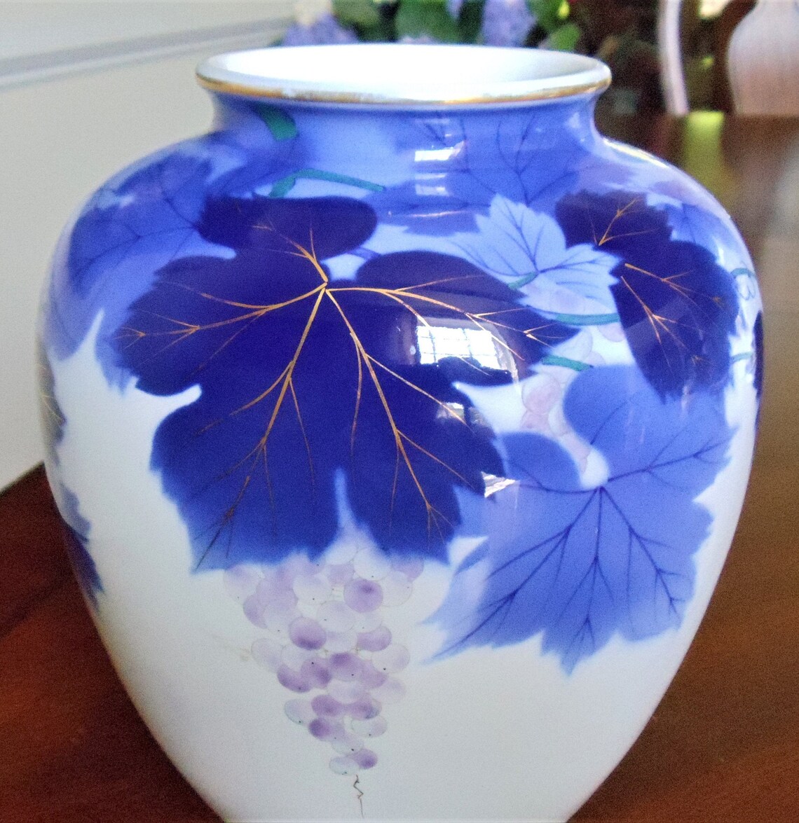 White & Blue Grape Large Vase Vintage Porcelain Floral Decor Etsy
