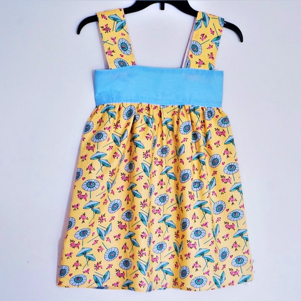 Girl Summer Dress, Handmade Ready to Ship Girl Size 6 (5-6 Years Old) Blue Umbrellas & Pink Flowers Design Yellow Dress, Cute  Fun Dress