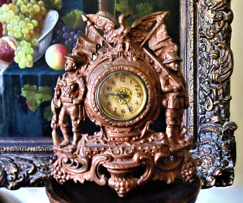 Antique 1904 Copper Mantel Clock Eagle & Two Soldiers Etsy