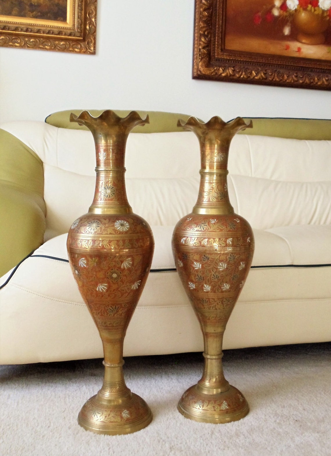 Brass Giant Floor Vases Set of 2 Vintage Pair of Ornate Brass Etsy