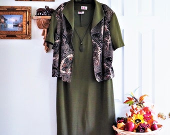 Woman Dress Suit Size XL, Vintage Olive Green Sleeveless Dress & Paisley Design Multi Color Front and Short Sleeves Jacket, New/Never Used