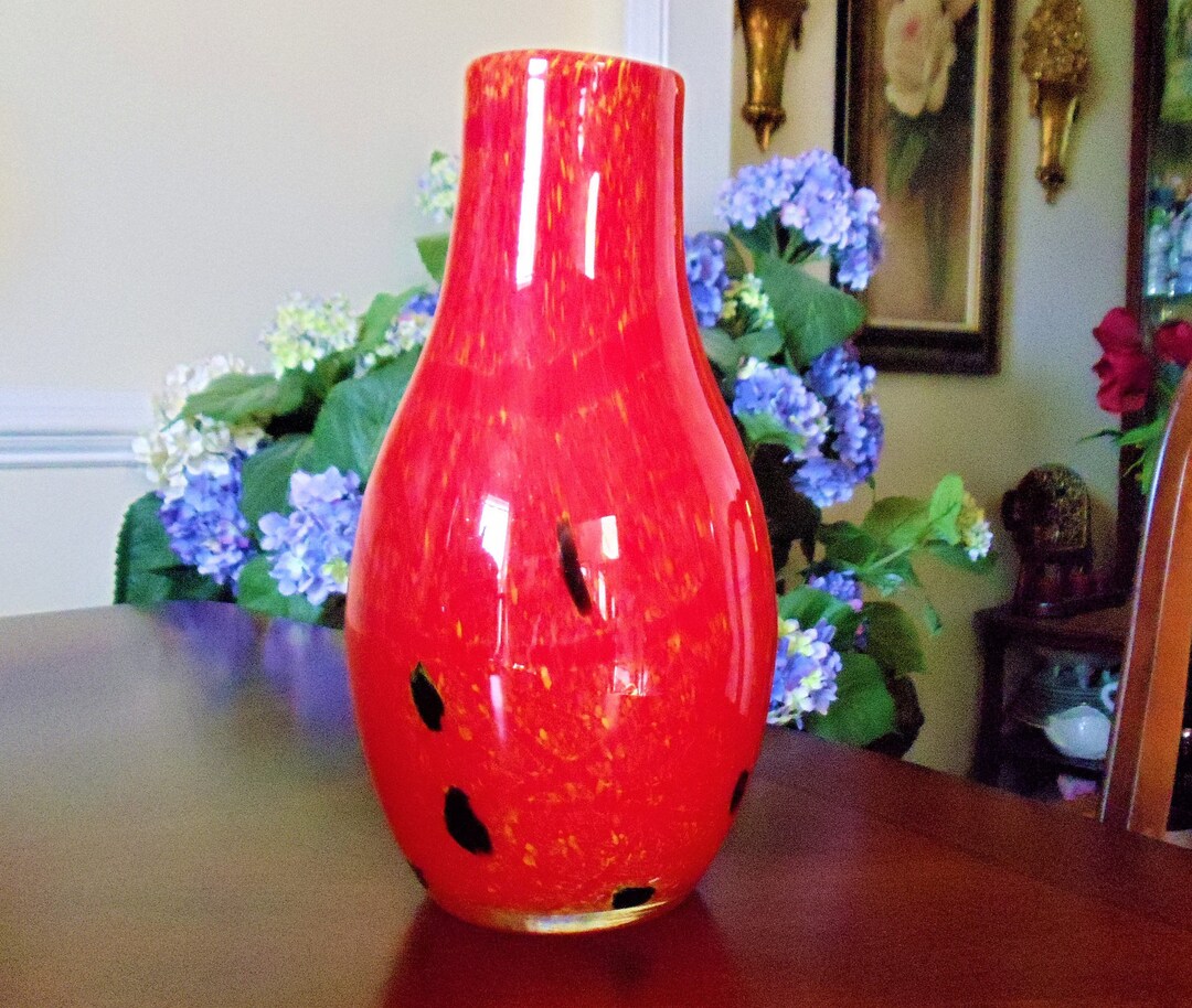 Art Glass Red Vase Vintage Extra Large Tall Fire Red With Etsy