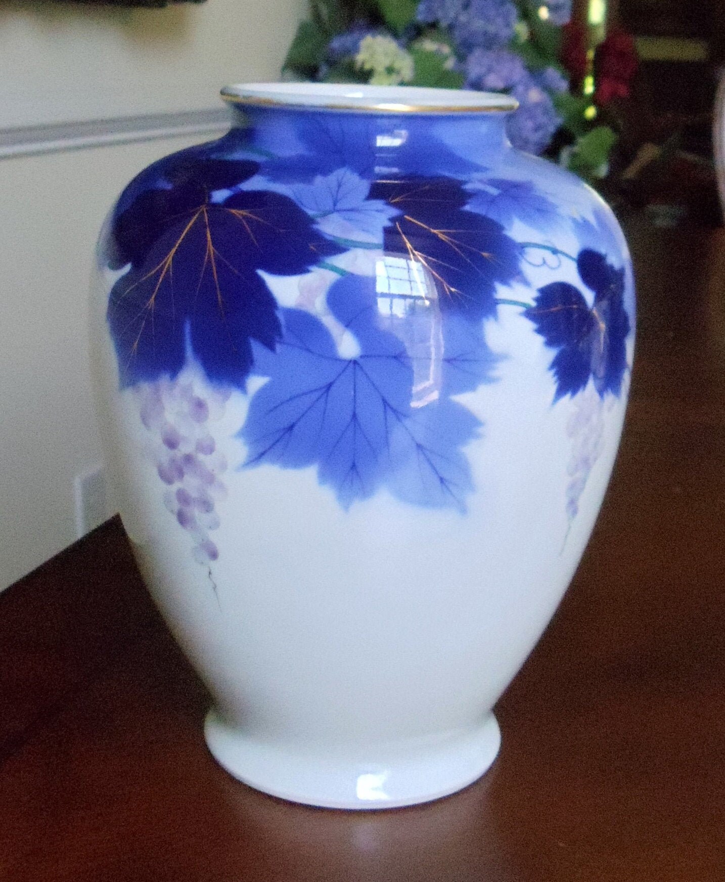 White & Blue Grape Large Vase Vintage Porcelain Floral Decor Etsy
