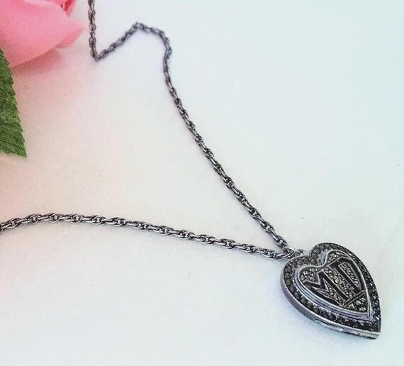 Kimler & Daniels Marcasite 925 Sterling Heart Locket Necklace, Vintage Collectible Art Deco Monogrammed Initials MD Locket Pendant Necklace View 6