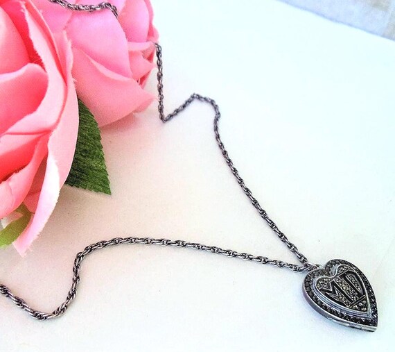 Kimler & Daniels Marcasite 925 Sterling Heart Locket Necklace, Vintage Collectible Art Deco Monogrammed Initials MD Locket Pendant Necklace View 2