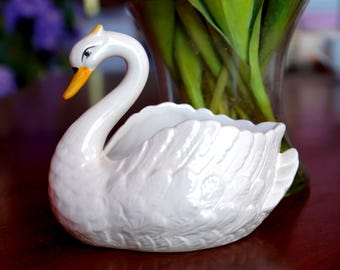 Vintage Mid-Century Porcelain Swan Vase Planter, Hand Painted Figurine