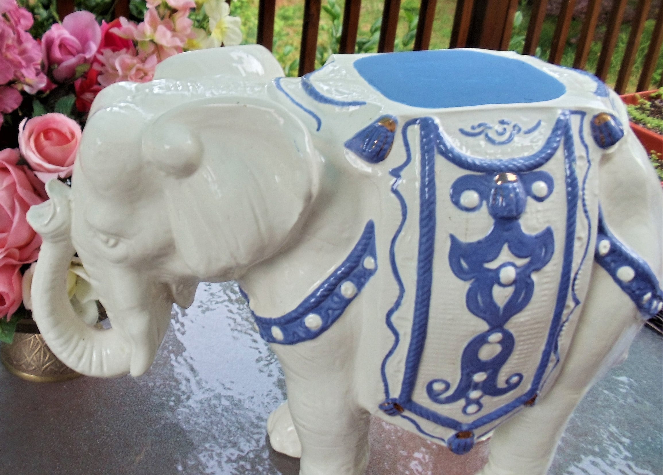 Large Ceramic Elephant Statue Vintage White & Blue Elephant Etsy