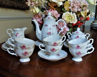 Lovely Vintage Meander Pink Tete-a-tete Tea Set, Pink Rose Decor