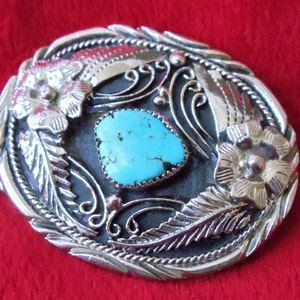 Turquoise Belt Buckle Vintage S.S.I. Western Navajo Handcrafted in USA Genuine Turquoise Silver Plated Southwestern Texas Cowboy Belt Buckle