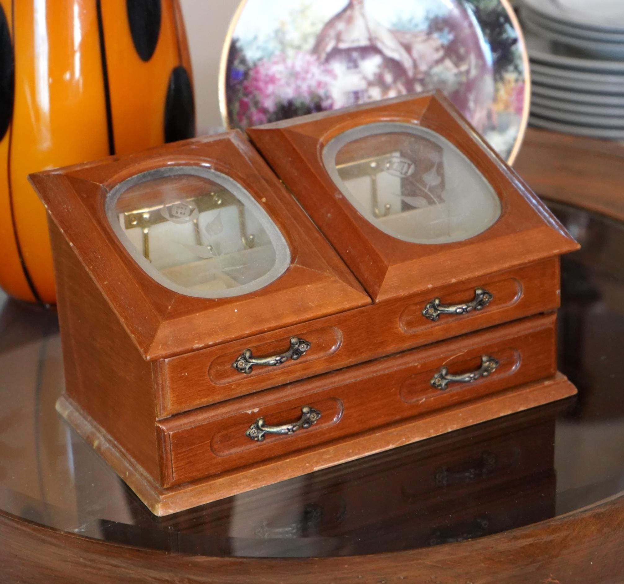 Vintage Rosalco Jewelry Box, Etched Roses Glass, Wooden Commodore