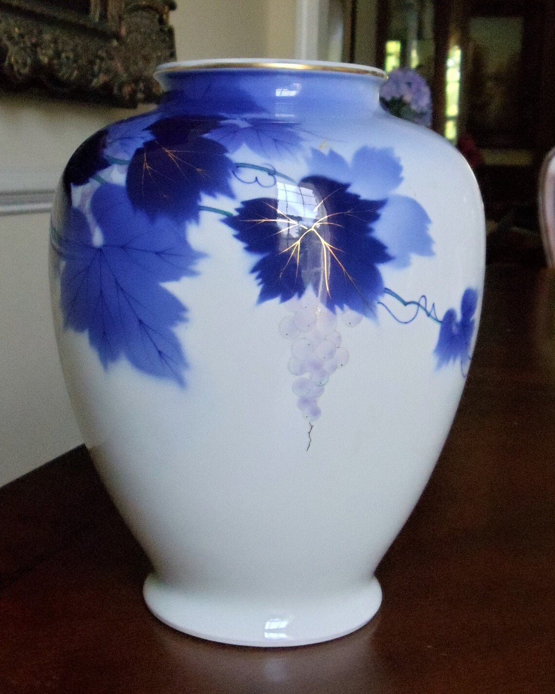 White & Blue Grape Large Vase Vintage Porcelain Floral Decor Etsy