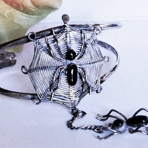 Vintage Sterling Silver Spider Bracelet: Black Onyx Tassel Charm, Halloween Jewelry