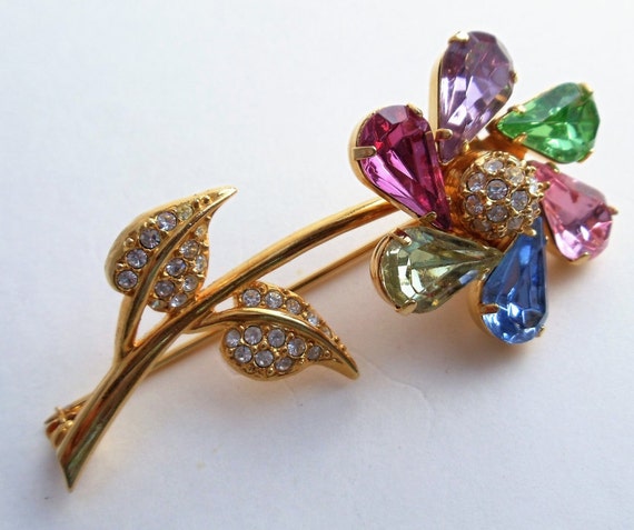 Vintage Joan Rivers Flower Brooch, Clear Rhineston