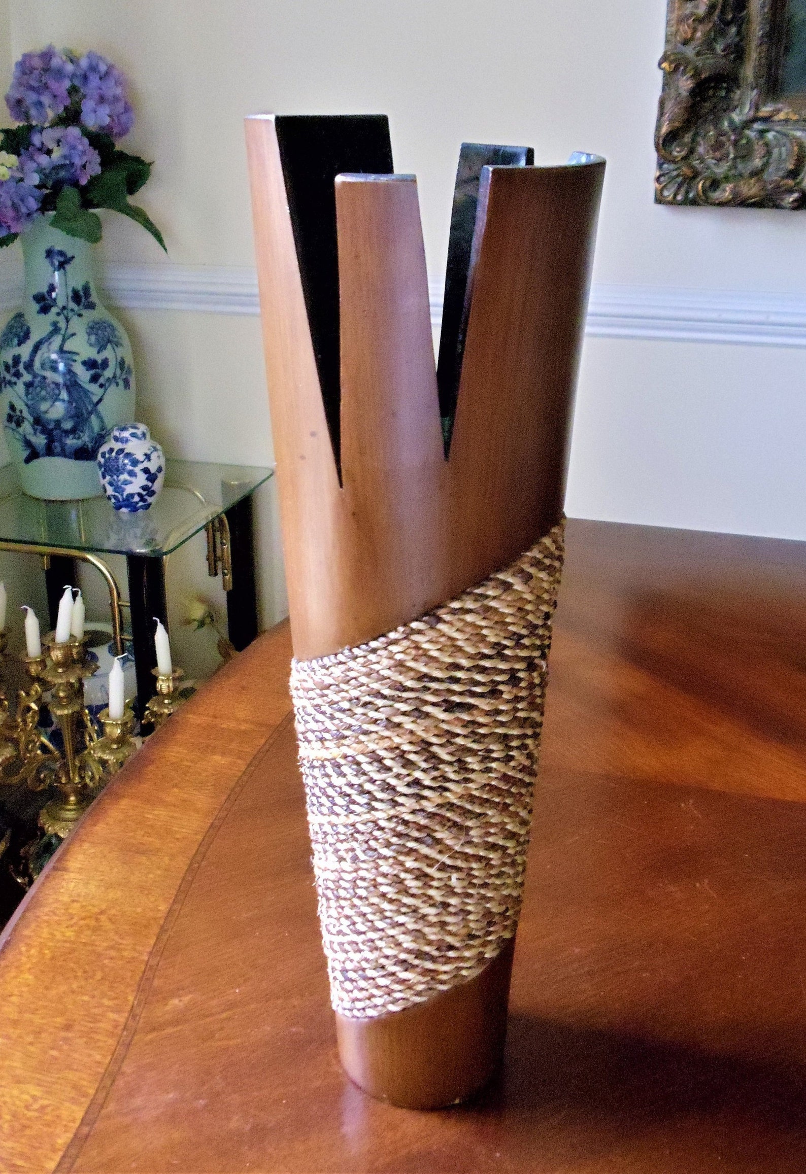 Huge Wood Floor Vase Vintage Natural Oak Wood & Hemp Rope Etsy