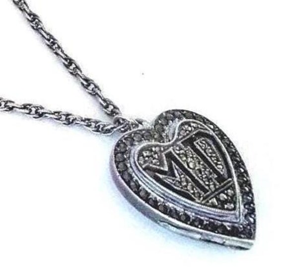 Kimler & Daniels Marcasite 925 Sterling Heart Locket Necklace, Vintage Collectible Art Deco Monogrammed Initials MD Locket Pendant Necklace View 3