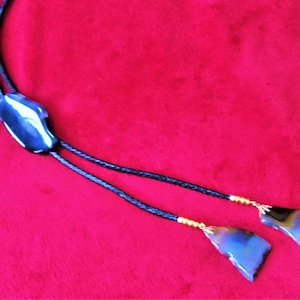 Onyx Bolo Tie, Vintage Southwestern Natural Gray & Brown Onyx Gemstone Braided Leather Cord Gold Tone Metal Western Texas Cowboy Bolo Tie