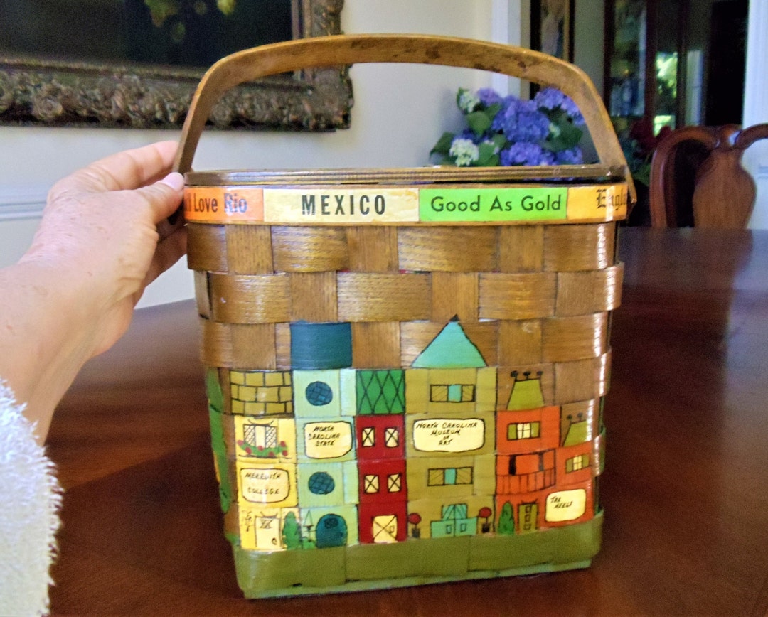 Vintage Caro Nan Woven Basket Purse: Hand-painted Street Scenes