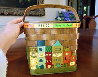 Vintage Caro Nan Woven Basket Purse: Hand-Painted Street Scenes, Signed