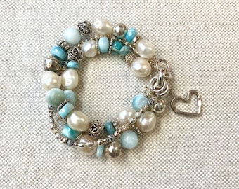Karen Hill Tribe Silver Larimar Bracelet • Boho Artisan Jewelry, Freshwater Pearls