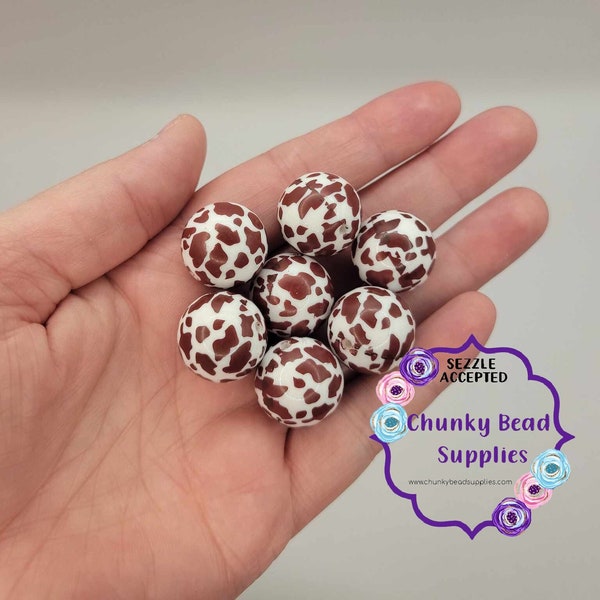 20mm "Brown Cow" Printed Acrylic Beads, Gumball Beads, Whole Print, Chunky Bead Supplies, Western, Boho, Highland Cow, Animal Print, Beading