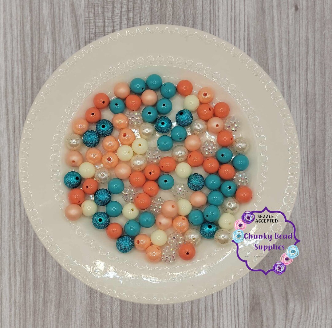 12mm beach Mini Chunky Bubblegum Bead Mix, Turquoise, Peach, Ivory, CBS