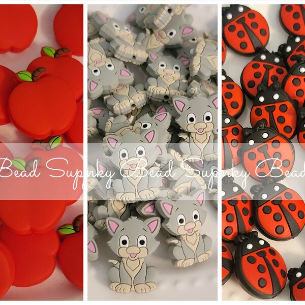 Red Apple Silicone Bead, Grey Kitty Silicone Focal, Red Ladybug Silicone Bead, Chunky Bead Supplies, CBS, Handmade Silicone, Crafts for Kids
