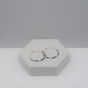 Beaded Hoop Earrings, Black and Gold Beaded Hoops, Boho Hoop Earrings