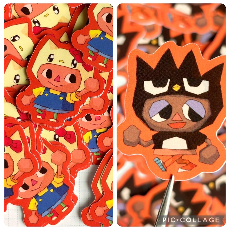 May include: A collection of orange die-cut stickers featuring cartoon characters. One design shows a character in a cat-like hat and overalls. Another sticker shows a character with a black crown and a determined expression. The stickers have a red border.