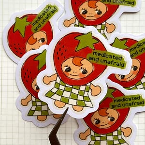 Medicated and Unafraid, Strawberry Kewpie Vinyl Sticker: Kawaii Decal