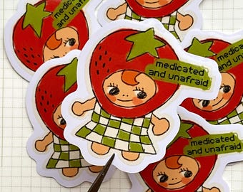 Medicated and Unafraid, Strawberry Kewpie Vinyl Sticker: Kawaii Decal