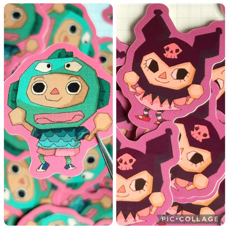 May include: A collection of colorful stickers featuring cartoon characters. One sticker depicts a character in a teal helmet and outfit, while others showcase a character with a skull-shaped head and a purple outfit. The stickers are on a pink background.