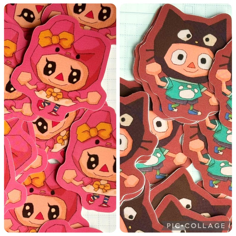 May include: A collection of pink and brown character stickers. The pink stickers feature a character in a pink outfit with a bow. The brown stickers depict a character in a cat costume. The stickers are cut out and ready to use.