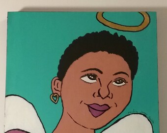 African American Angel "Headshot" Painting. Title: "A Heart for Heaven." Natural Hair Art, 8"× 8" Acrylic on Wood Panel.