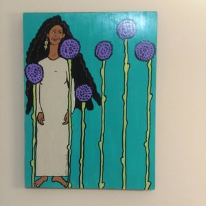 Keep Growing ~ Black Woman With Purple Flowers, Original Painting, 12&quot;×16&quot; Cradled Wood Panel