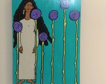 Keep Growing ~ Black Woman With Purple Flowers, Original Painting, 12"×16" Cradled Wood Panel