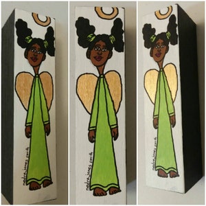 Little Angel Girl in Light Green Dress, 7.75-inch Acrylic Painting on Wooden Block image 1