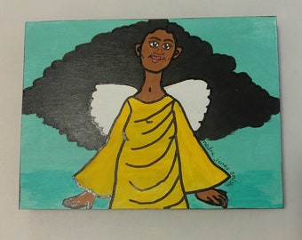 African-American Art. Black Angel in Yellow Dress. Acrylic Painting, on 5×7-inch Cradled Wood Panel.